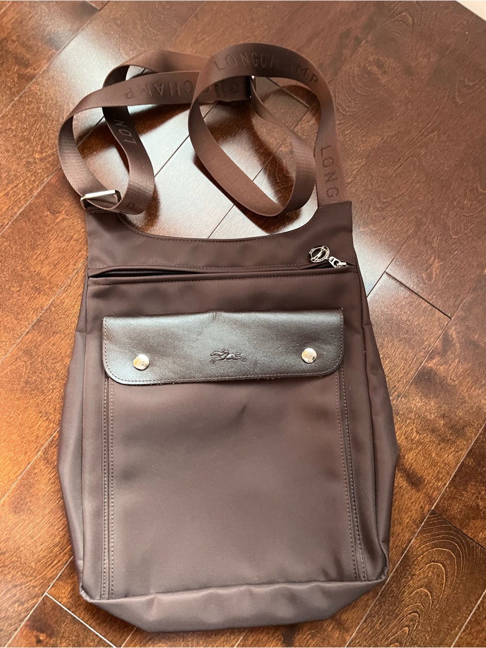 Longchamp Brown Nylon Crossbody Bag with Leather Flap